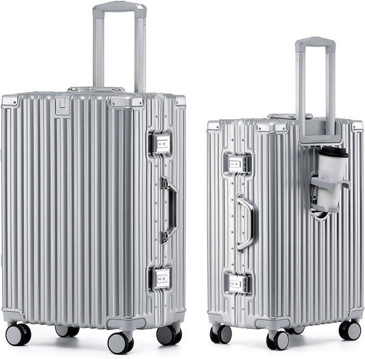 HotWay 24 Inch Aluminum Frame Luggage with Spinner Wheels, PC Hard Shell Suitcase with Cup Holder, Zipperless Luggage for Business Travel, Silver