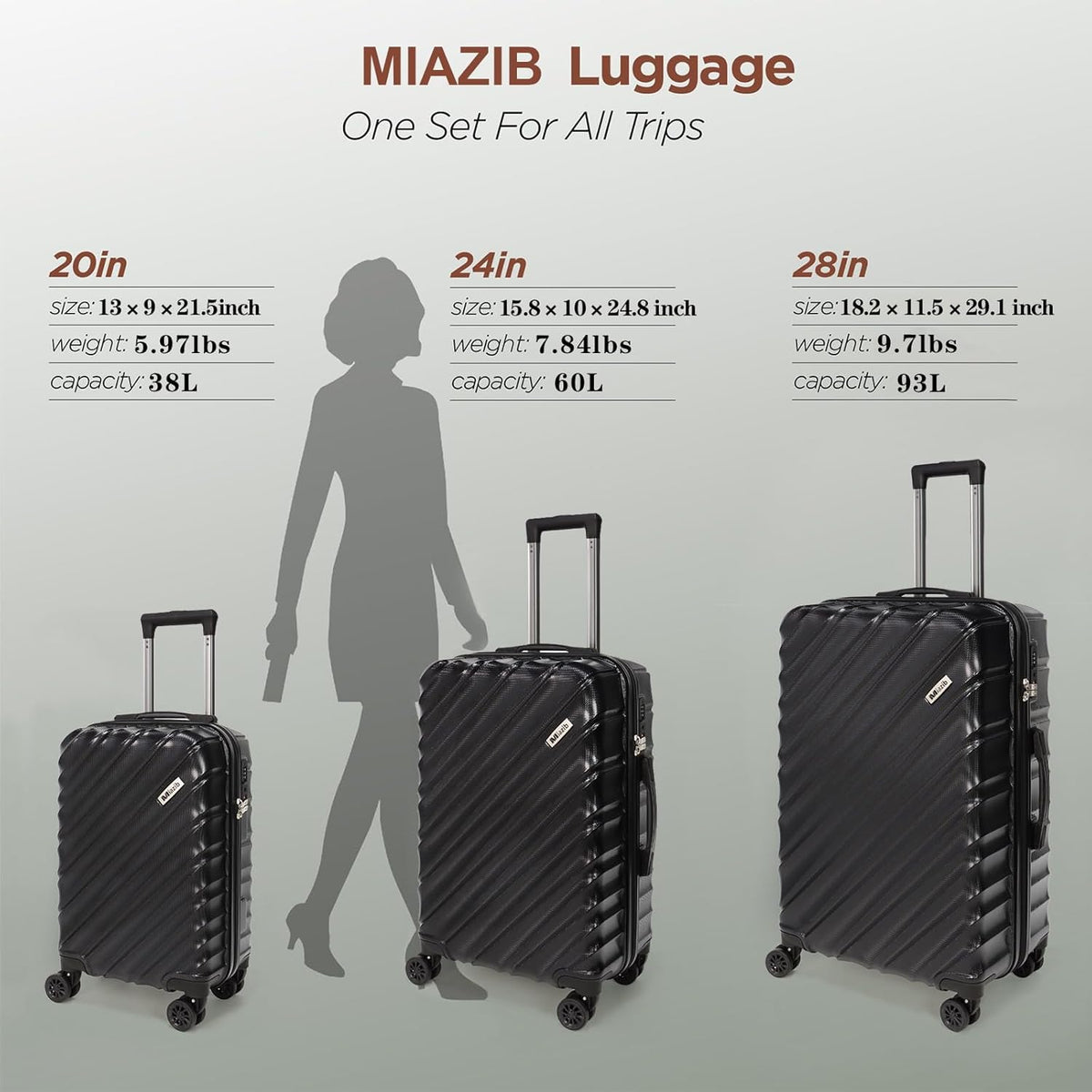 Hardshell Luggage Sets 3 Piece ABS+PC Travel Suitcase Hard Sided Luggage with Spinner Wheels Checked Luggage Durable Lightweight Hard Case Luggage (Black)