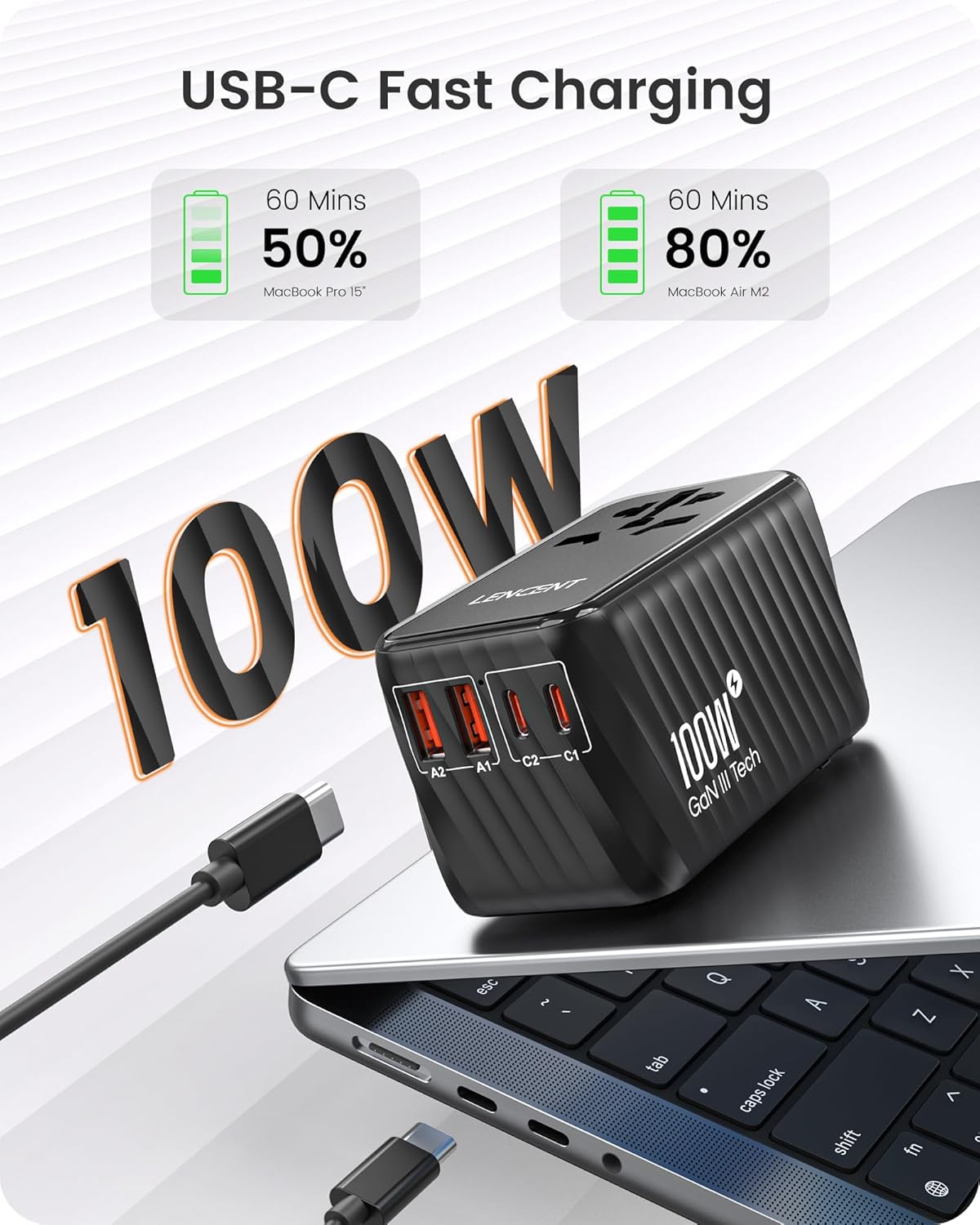 LENCENT Universal Travel Adapter, 100W GaN International Fast Charger with 2 PD3.0 Type C+2 QC USB A, Worldwide Power Adaptor for Phones,Laptops, All in One Travel Essentials for EU/USA/UK/AU, Black