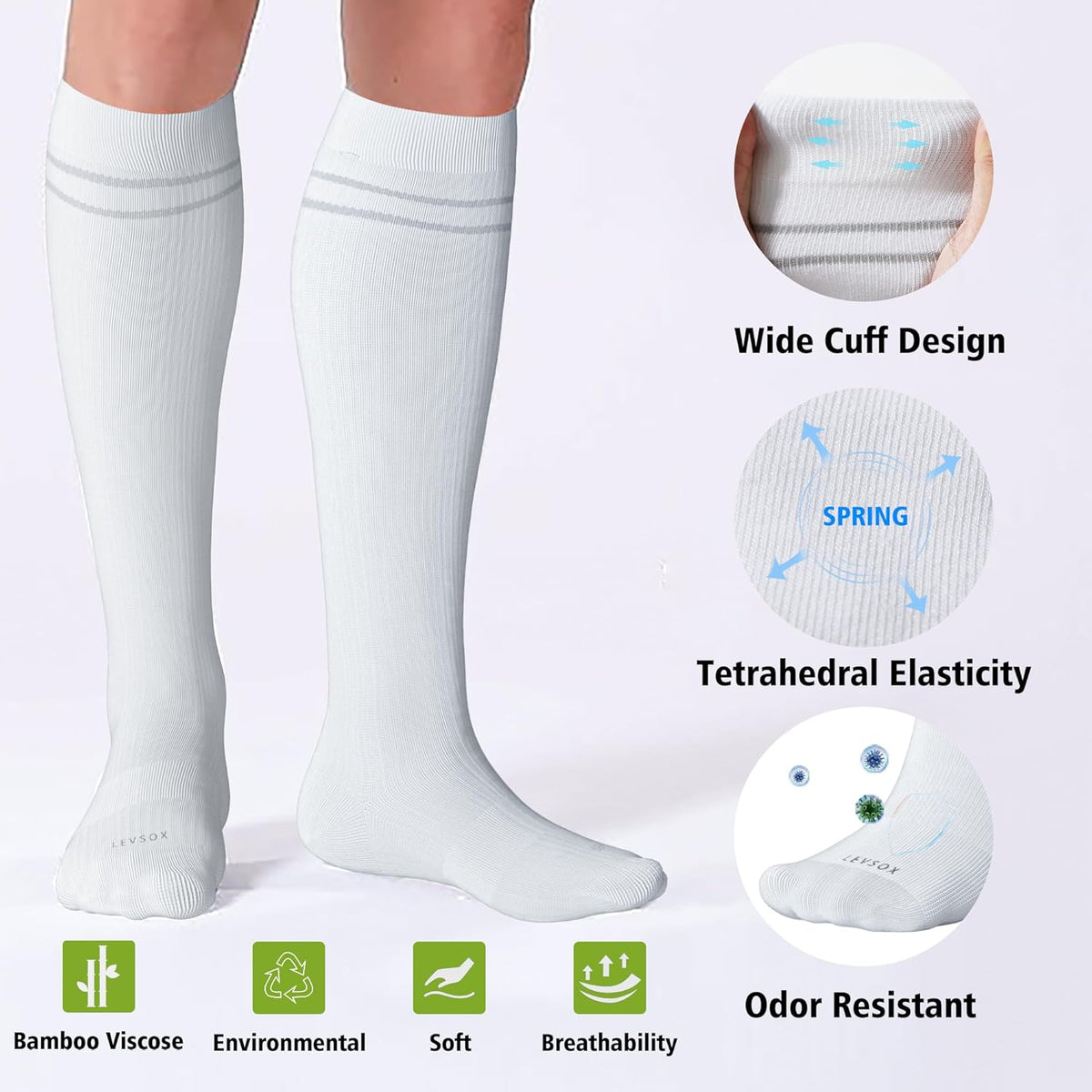LEVSOX Viscose Made from Bamboo Compression Socks for Pregnant Women 20-30 mmHg Knee High Cute Mens Supports Socks for Travel