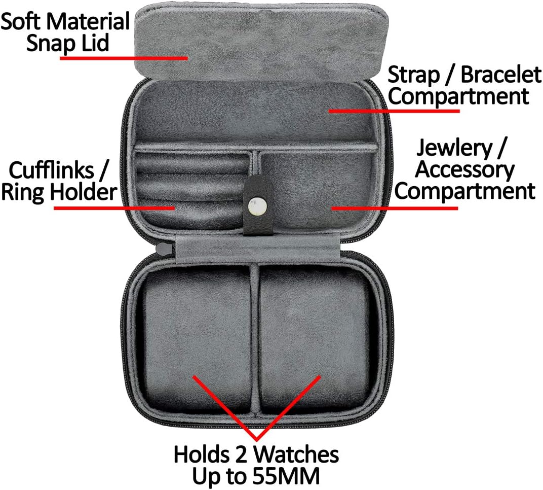 ROTHWELL 2 Watch Travel Case Storage Organizer for 2 Watches | Tough Portable Protection w/Zipper Fits All Wristwatches & Smart Watches Up to 50mm (Black/Grey)