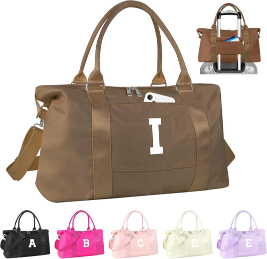Birthday Graduation Gifts for Daughter,Initial Travel Duffel Bag Sports Gym Bag for Girls Teen Kids Birthday Gifts,Personalized Weekender Bag Carry On Tote Bags Cute Overnight Bag for Women(Brown, I)
