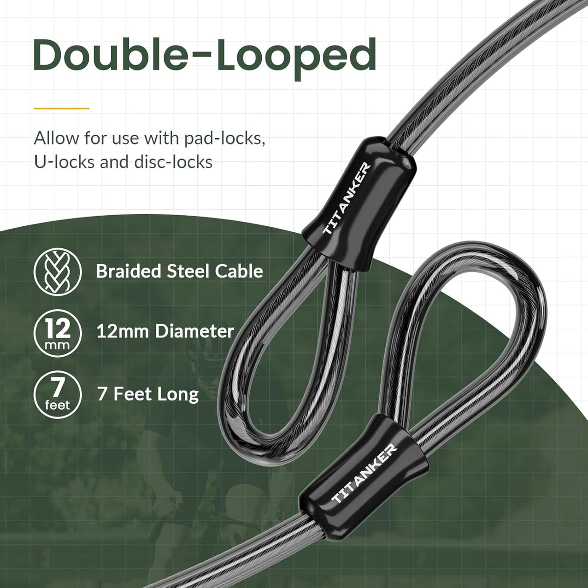 Titanker Bike Lock Cable,12mm Thick Security Cable with Loops Heavy Duty Steel Cable Vinyl Coated Bike Cable Lock Security Chain (4ft, 7ft, 15ft, 30ft)