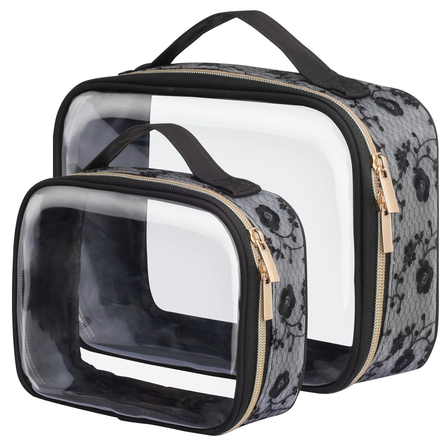 PACKISM Floral Texture Lace TSA Approved Toiletry Bag - 180° Large Opening Clear Makeup Bags in 2 Size, Clear Cosmetic Bags with Handle, 0.5 mm Thick Non-deformable No Smell, Black
