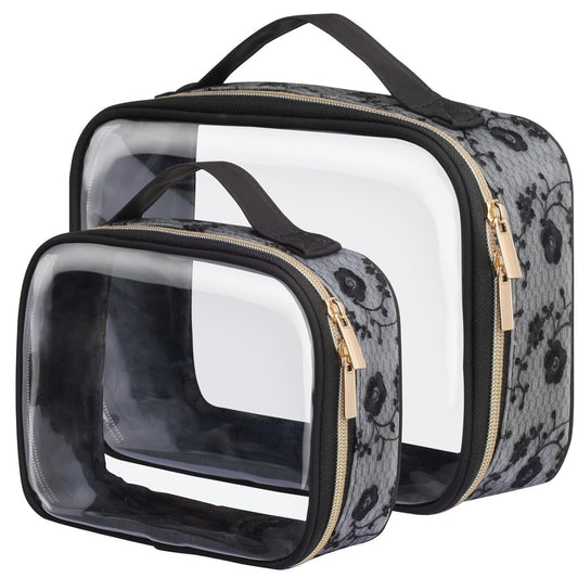 PACKISM Floral Texture Lace TSA Approved Toiletry Bag - 180° Large Opening Clear Makeup Bags in 2 Size, Clear Cosmetic Bags with Handle, 0.5 mm Thick Non-deformable No Smell, Black