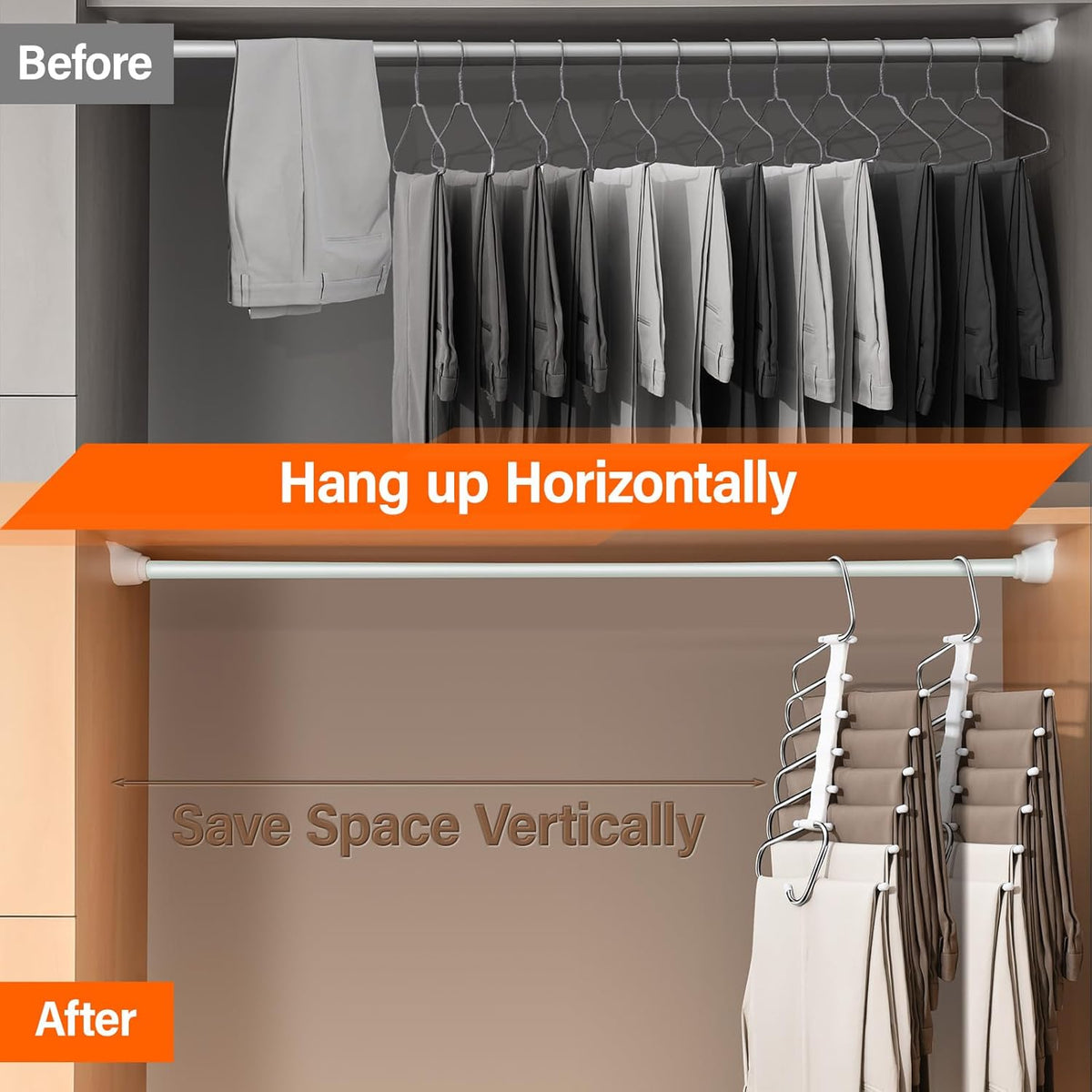 Upgraded Collapsible Pants Hangers Space Saving, 6 Layers Clothes Rack, Stainless Steel Multifunctional Closet Organizer, Non Slip Metal Hangers for Pants Jeans Skirts Trousers (1 Pack)