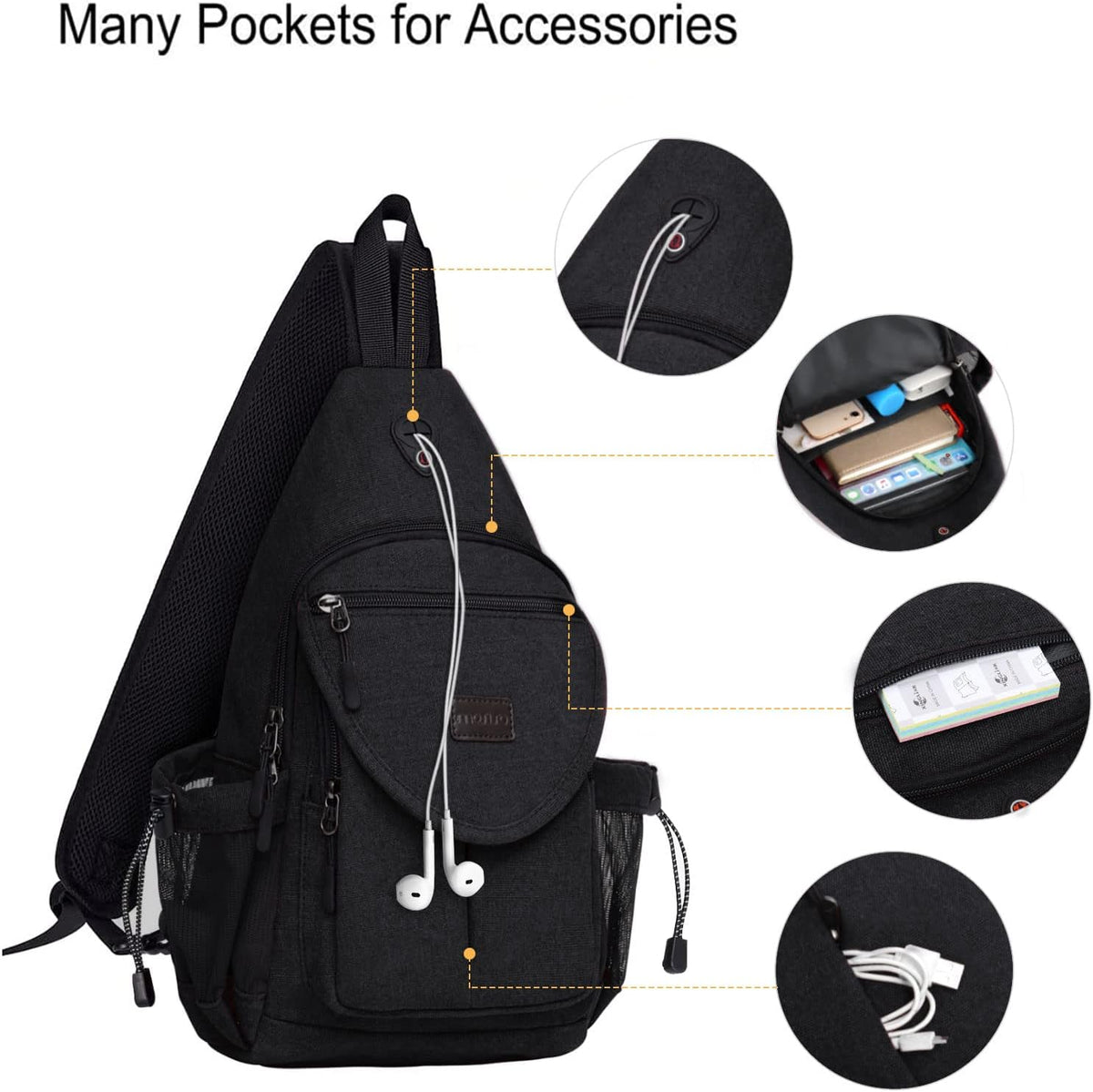 MOSISO Sling Backpack,Canvas Crossbody Hiking Daypack Bag with Anti-theft Pocket, Black