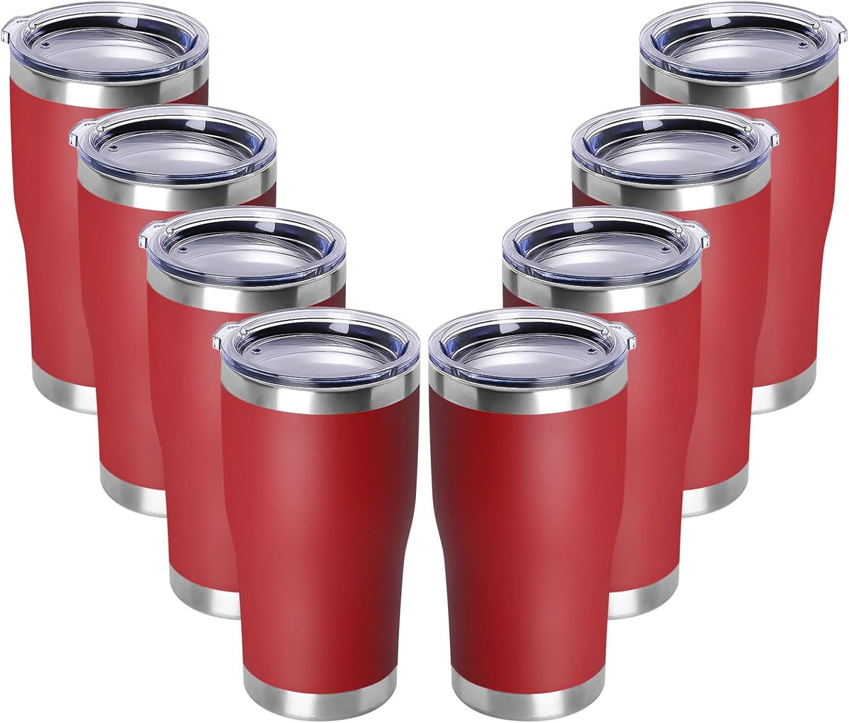 DOMICARE 20oz Tumbler with Lid Stainless Steel Tumblers Bulk, Double Wall Vacuum Insulated Coffee Travel Mug Powder Coated Tumbler, 8 Pack Red