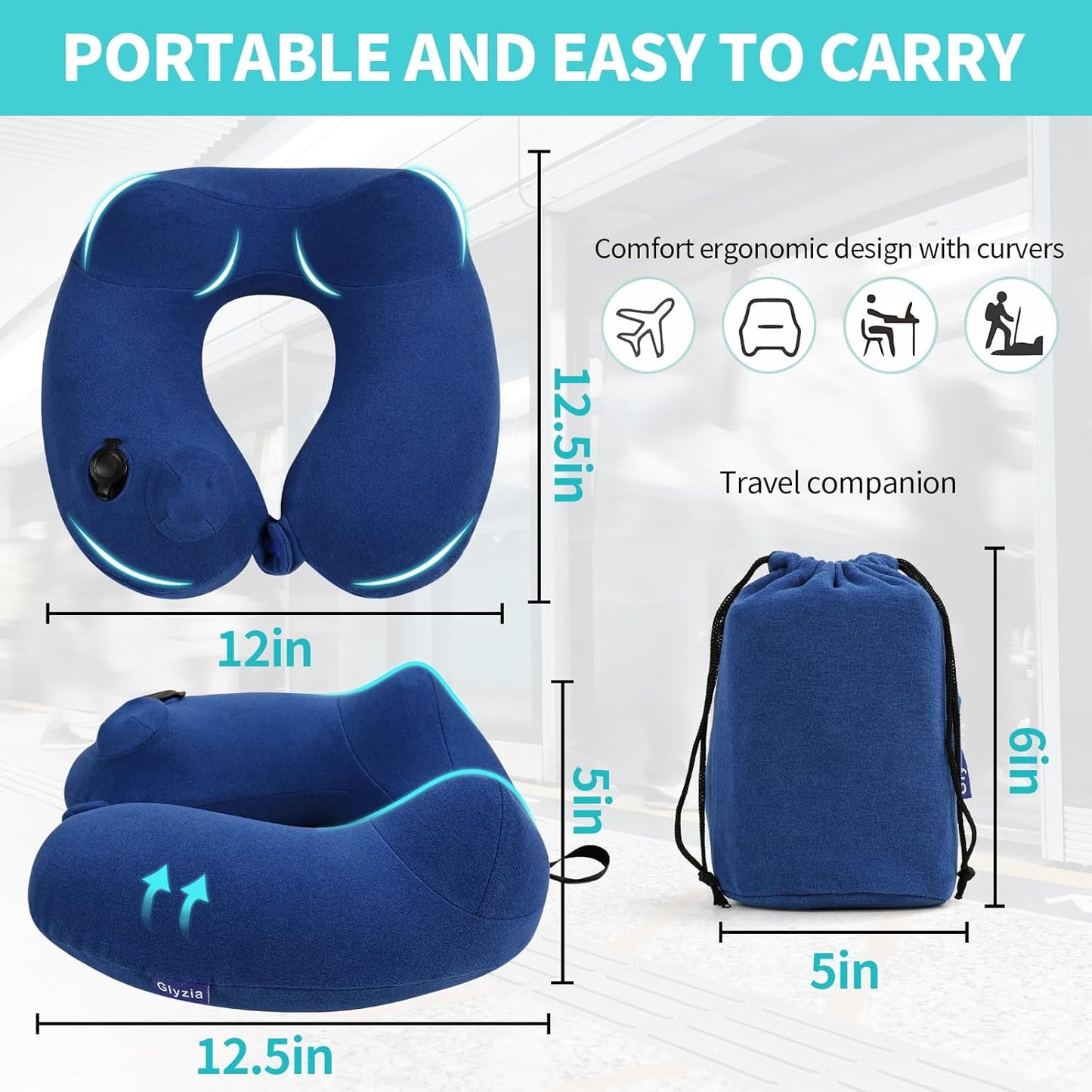Inflatable Travel Neck Pillow for Airplane, Head Support Velvet Adult Neck Pillow for Long Flight, Kit with Eye Mask, Earplugs and Storage Bag,1, Navy Blue