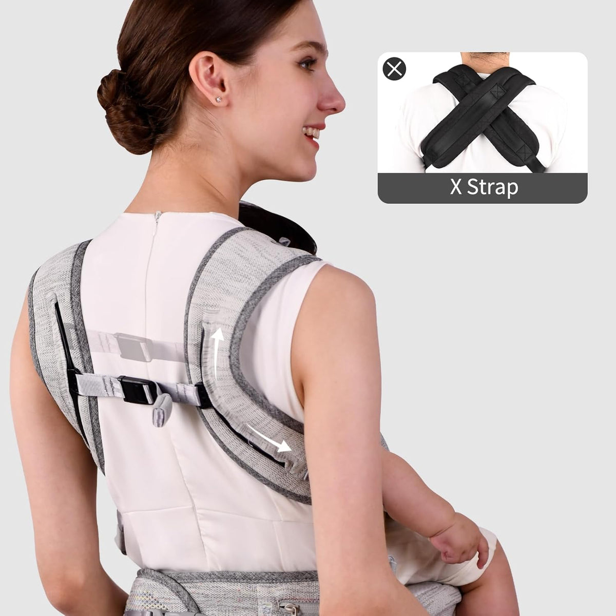 Bebamour Baby Carrier Newborn to Toddler with Hip Seat Baby Carrier Front and Back Carry Carrier with Head Hood, 3 PCS Teething Pads,Storage Bag (Gray-Knit)