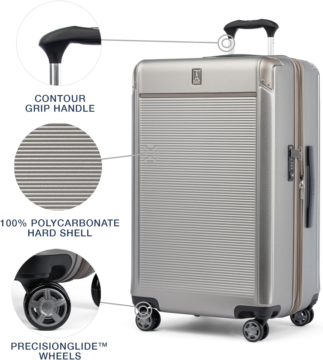Travelpro Platinum Elite Hardside Expandable Checked Luggage, 8 Wheel Spinner, TSA Lock, Hard Shell Polycarbonate Suitcase, Metallic Sand, Checked Large 28-Inch