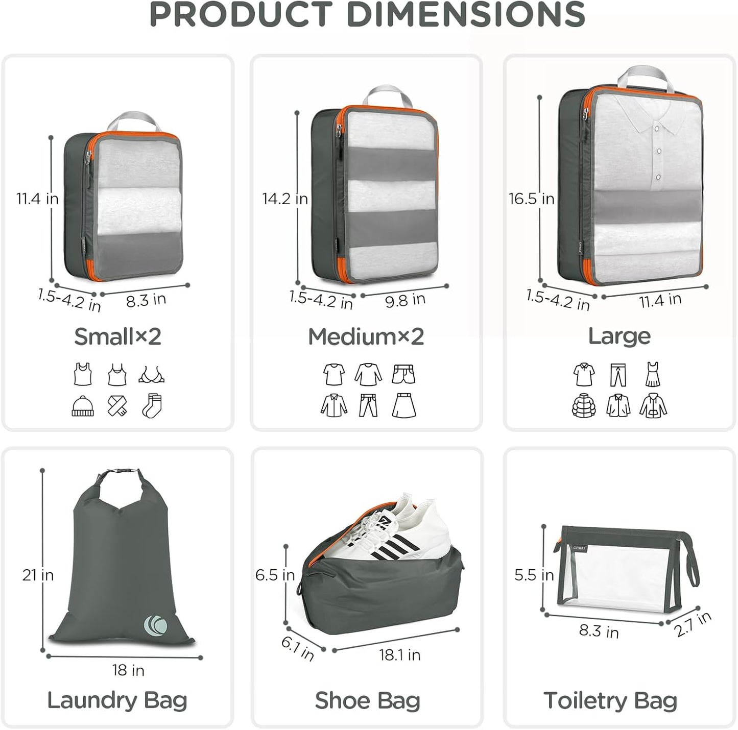 Cipway Compression Packing Cubes Mesh, Lightweight Luggage Organizer Bags with Laundry Bag, Toiletries Bag and Shoe Bag, Travel Essentials for Carry on Suitcase（8 Pcs,Grey）
