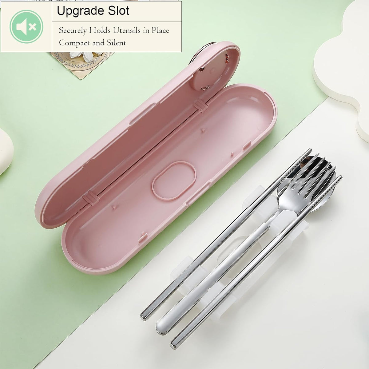 DEVICO Travel Utensils with Case Cute, Reusable Silverware for Lunch, Portable Cutlery Set, 18/8 Stainless Steel Fork Spoon Chopsticks in Cartoon Case, Dishwasher Safe (Pink)