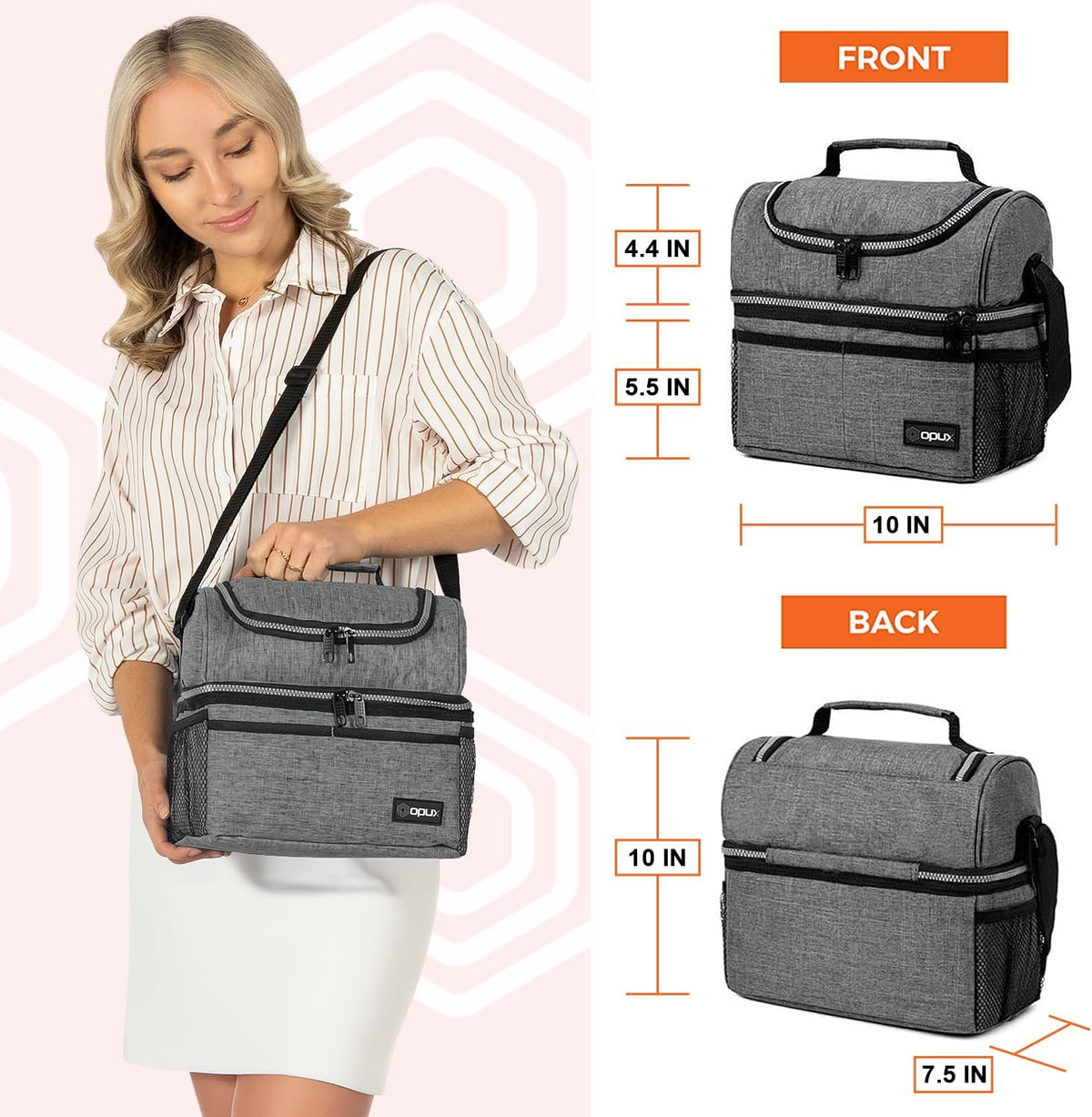 OPUX Lunch Box For Men Women, Insulated Large Lunch Bag Adult Work, Double Decker Lunchbox Meal Prep Dual Compartment Leakproof Lunch Cooler, Soft Lunch Pail Tote Boys Girls Kids School, Heather Gray