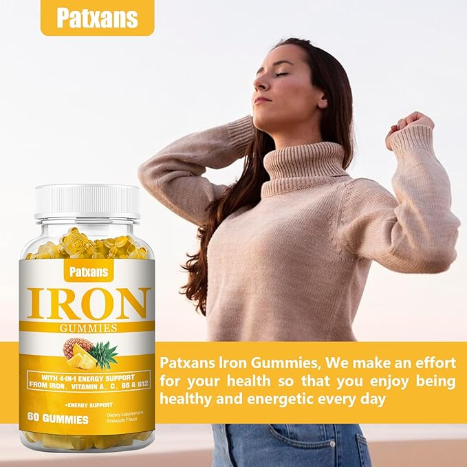 1 Pack 100MG Iron Supplement Gummies for Women & Men - with Vitamin A, C, B - Energy Support for Iron Deficiency, Anemia, Adults ＆ Children, Pineapple Flavor Gummy, 60ct.