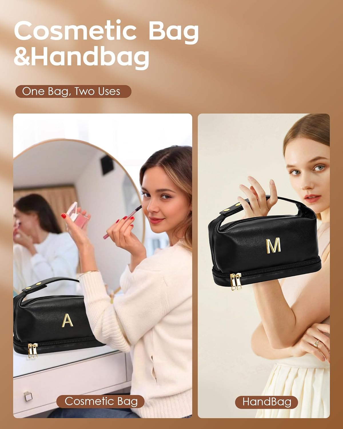 Initial Makeup Bag Personalized Bags with Handle, Gifts for Women In Their 20S Cosmetic Bag, Bridal Shower Gift for BrideMakeup Bags Letter Travel Toiletry Bag with Makeup Brush Organizer