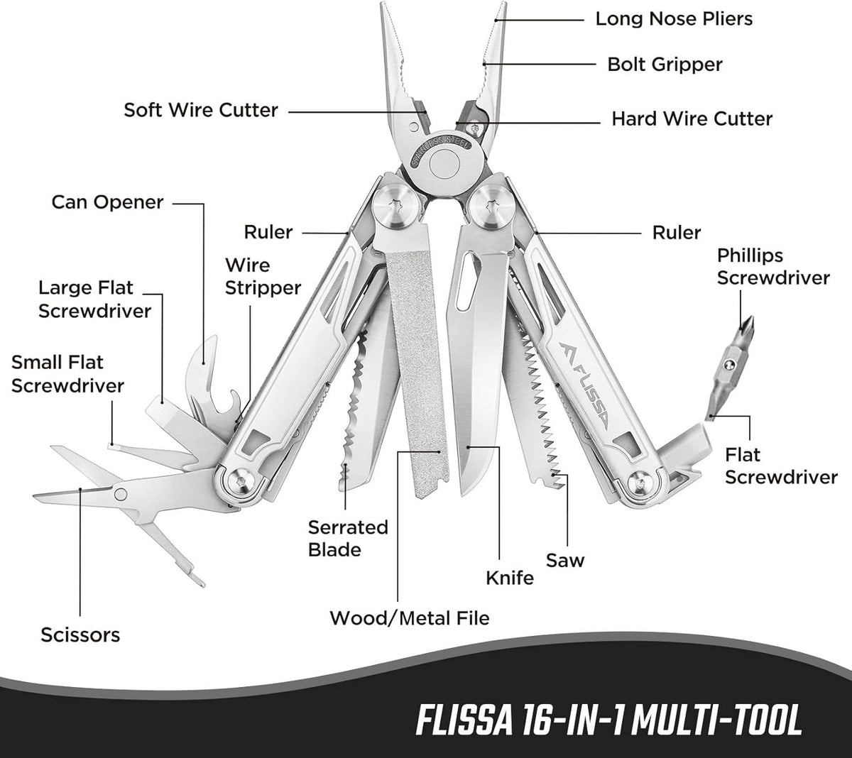 FLISSA Multitool, 16-in-1 Multitools with Sheath, Stainless Steel EDC Multitool, Pocket Knife, Bottle Opener, Screwdriver, Pocket Multi-Tool for Camping, Handwork, Hunting, Hiking, Fishing