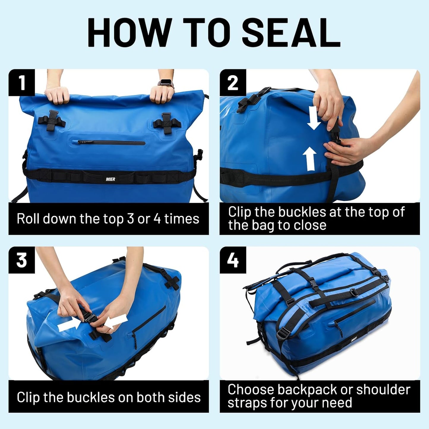 MIER Large Waterproof Duffel Bag Rolltop Dry Backpack Duffle Bags for Kayaking, Rafting, Boating, Swimming, Camping, Travel, Gym, Beach, 60L/80L