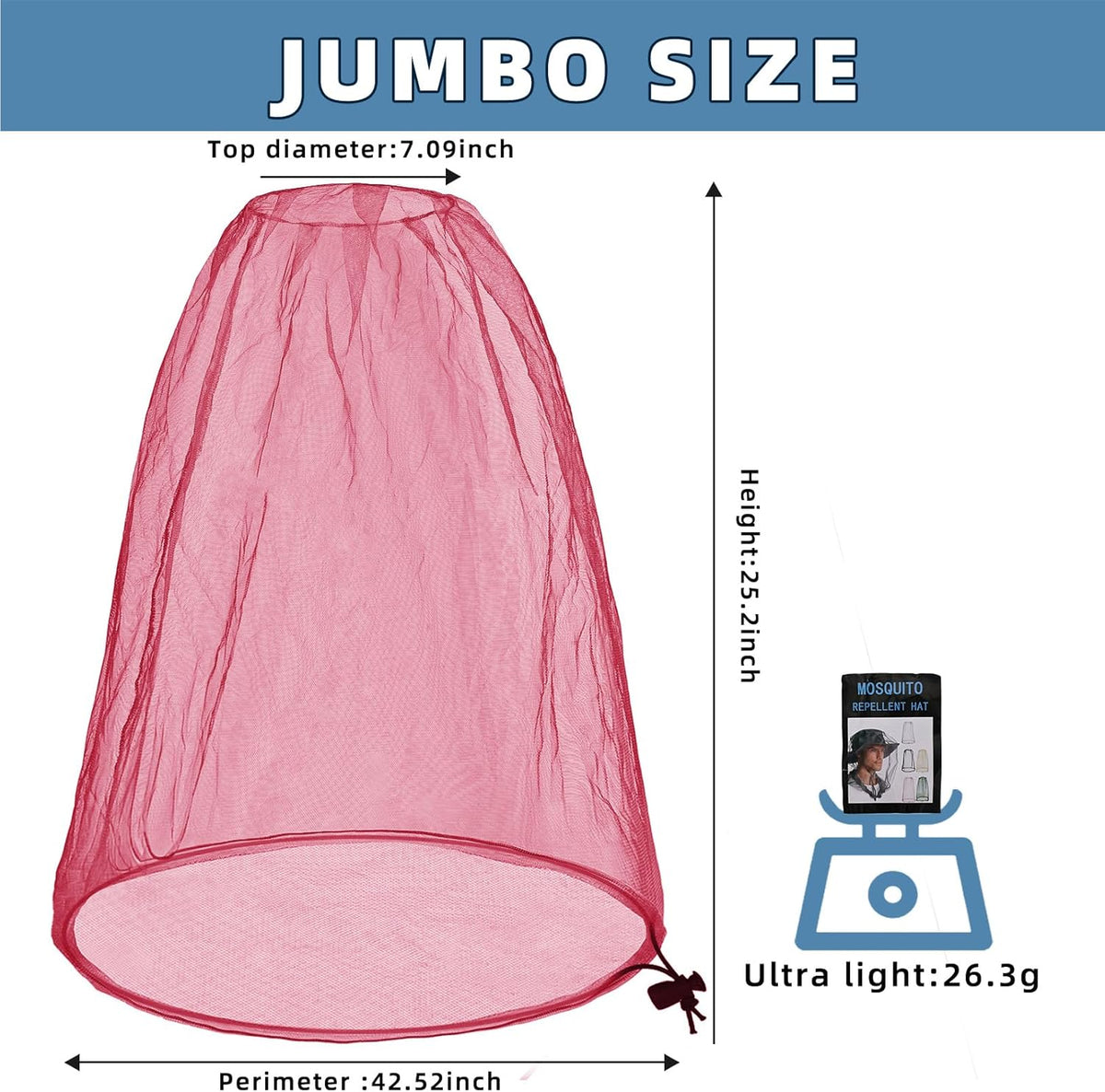 Oversized Mosquito Net 42 x 25 Inches Ultra Large Mosquito Head Net Face Neck Fly Mesh Netting Fits All Hats for Outdoor Camping Hiking Fishing Gardening Safari(Pink)
