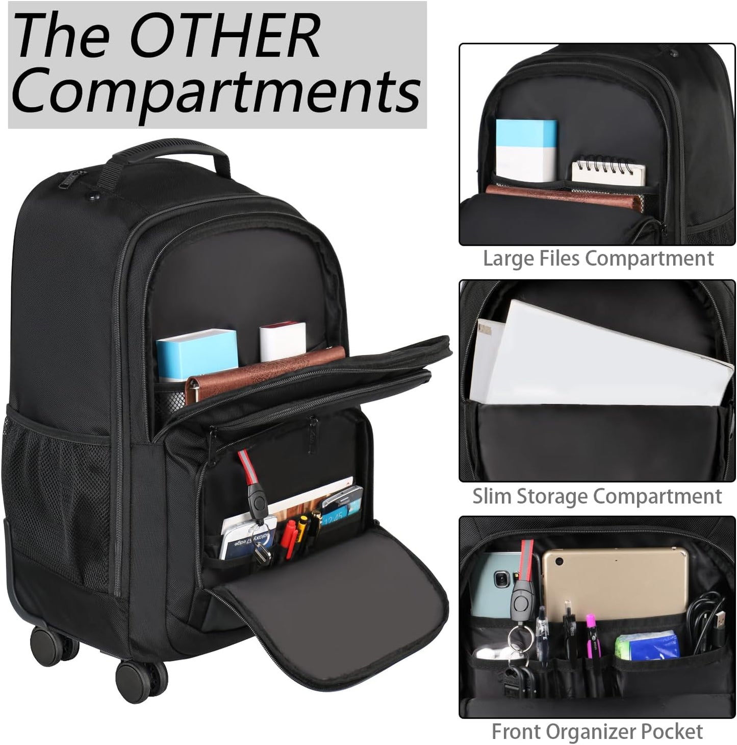MATEIN Roller Backpack, 18 inch Large Travel Laptop Bag with 4 Wheels for Adults, Heavy Duty Wheeled Suitcase Luggage Pack for Work Business, Rolling Spinner Computer Rucksack for Men Women, Black