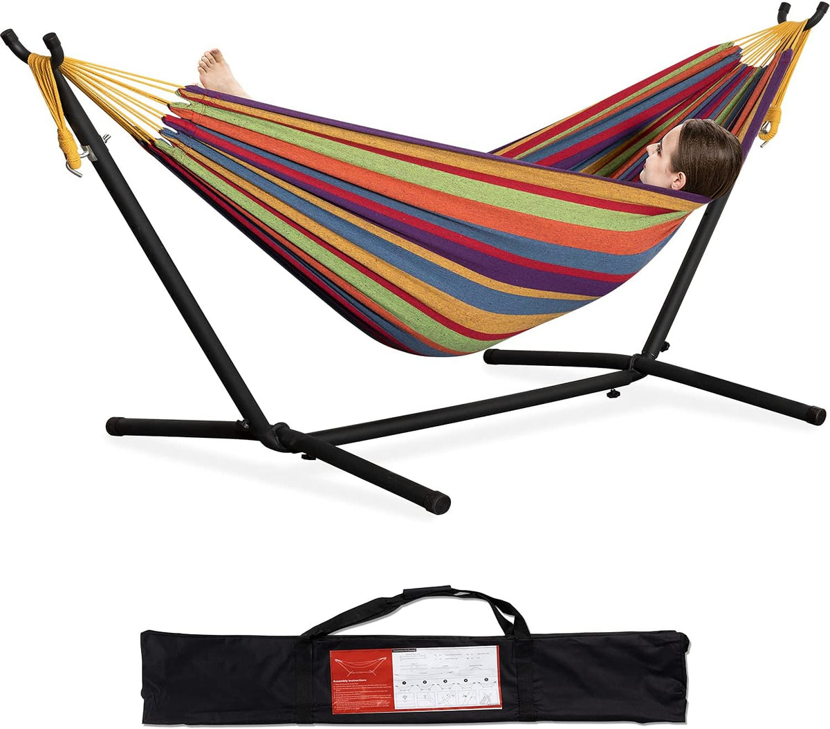 PNAEUT Double Hammocks with Stand for Outside, Portable Space Saving Heavy-Duty Steel Stand for Indoor Outdoor Patio with Carrying Bag, 450 lbs Capacity (Tropical)