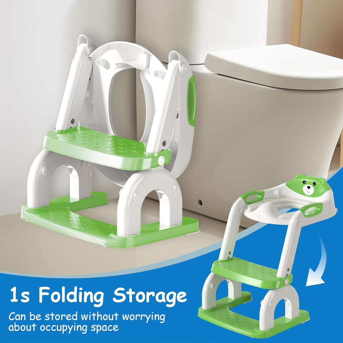 Potty Training Seat for Toddlers - Upgrade 2-in-1 Toilet Seat Toilet Ladder for Kids Children Boys Girls, Anti-Slip Pad & Adjustable Height with Waterproof PVC Cushion - Green