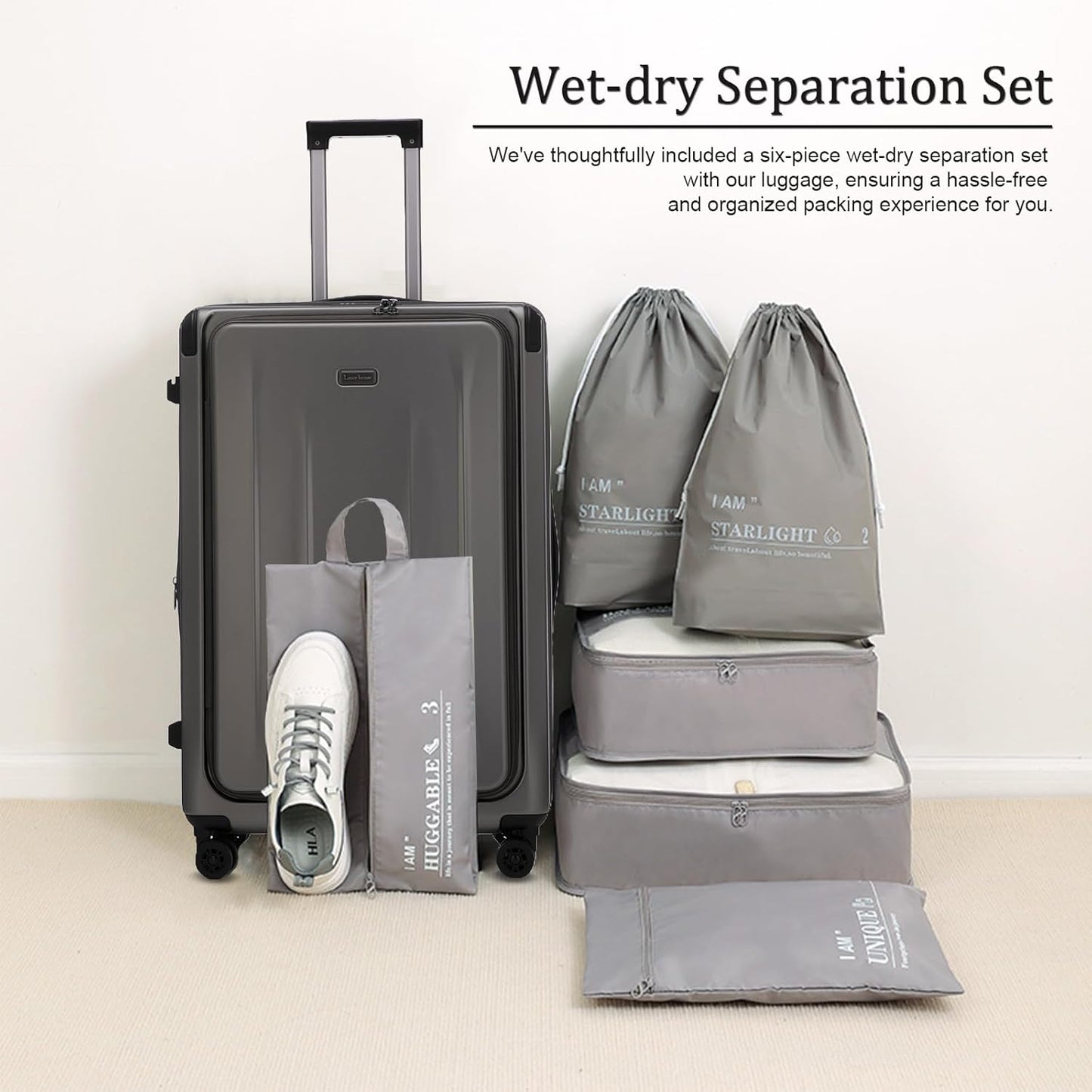 Carry On Luggage, 20 Inch Top Opening Aluminum Frame Lightweight Airline Approved ABS+PC Hard Shell Suitcases with Silent Wheels, TSA Lock, Front Pocket & Wet-dry Separated Six-piece Set