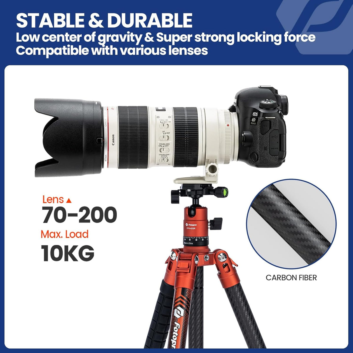 Fotopro Carbon Fiber Tripod for Camera 2lbs Ultralight 62 Inch Travel Camera Tripod Max Loads Up 22lbs X-Aircross 3 Orange