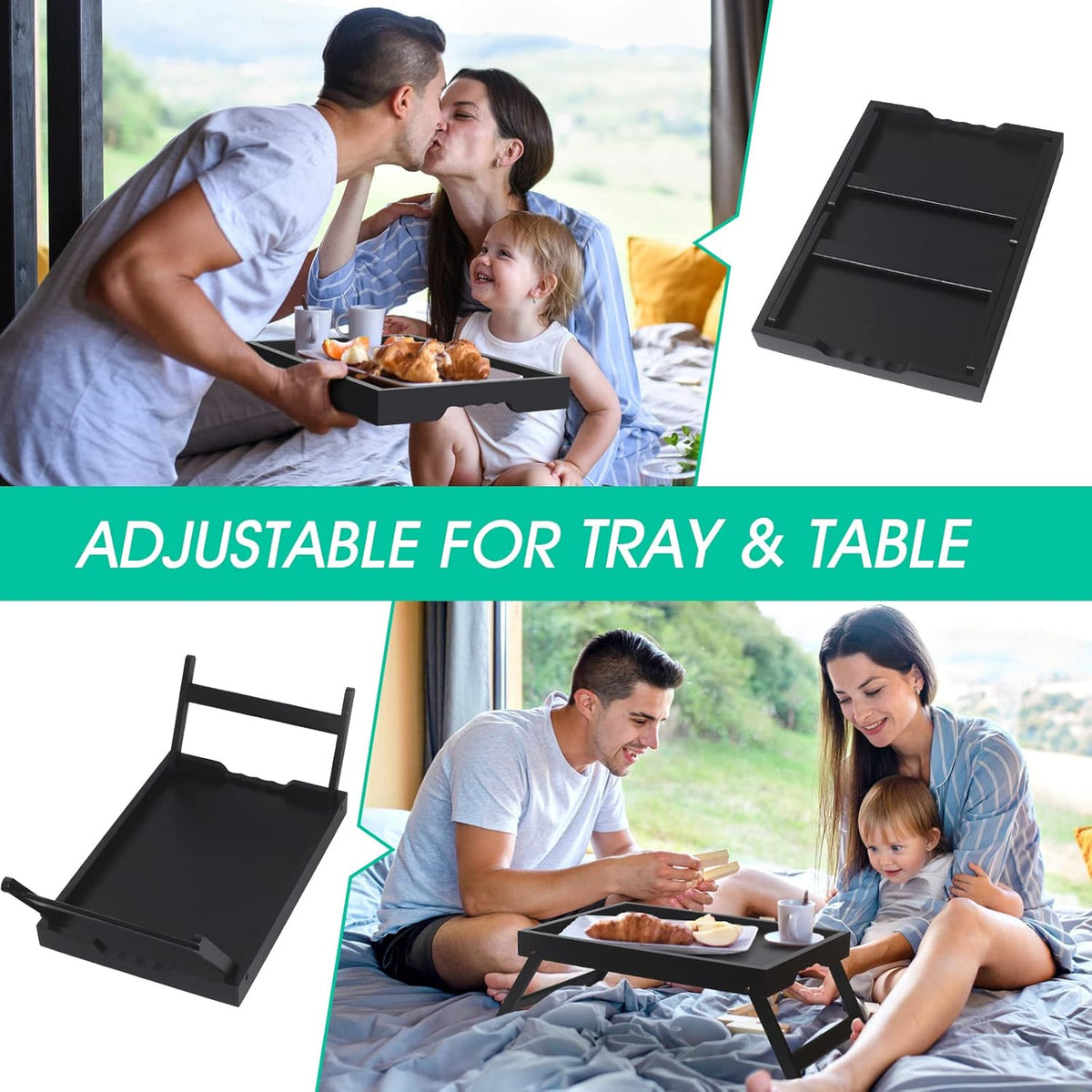 Artmeer Bed Tray Table with Folding Legs,Bamboo Breakfast in Bed for TV Table, Laptop Computer Tray,Eating,Snack Tray(Black) Extra-Large Size