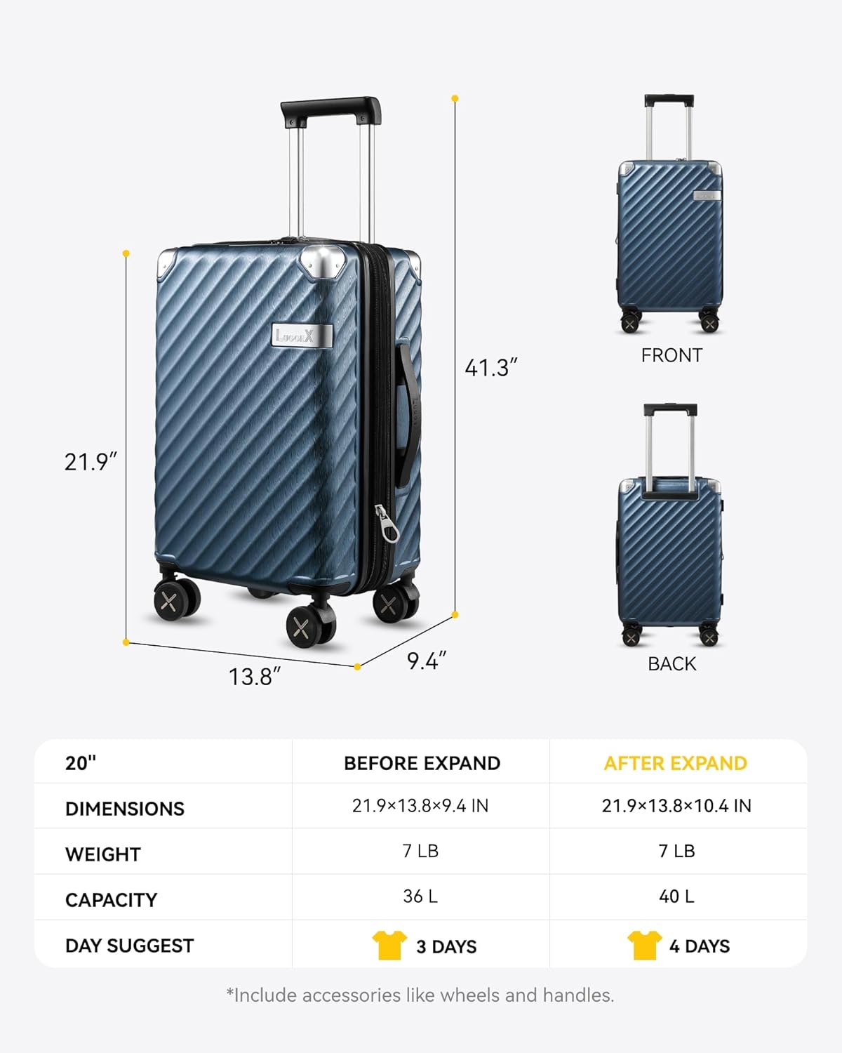 LUGGEX Luggage with Spinner Wheels, Polycarbonate Expandable Hard Shell Suitcase, Carry On 20 Inch, Brown Black
