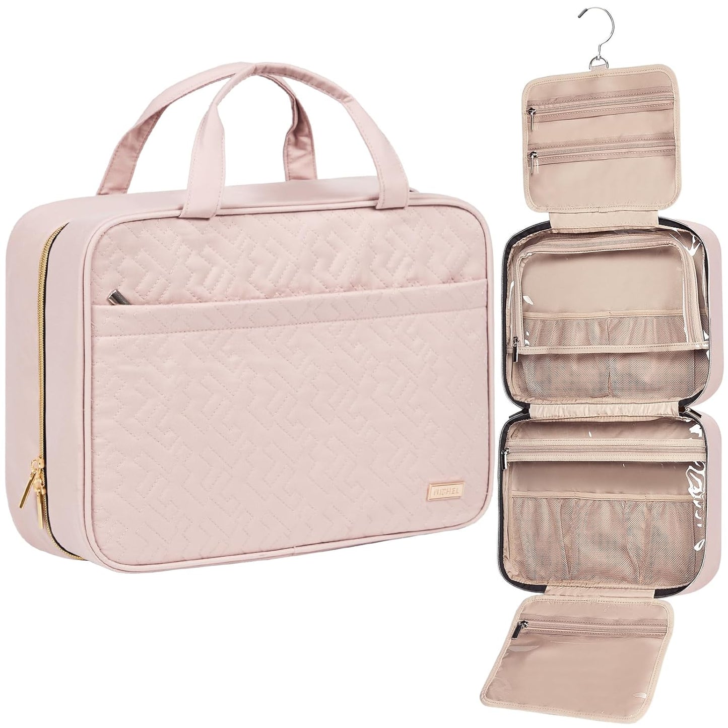 NISHEL Travel Toiletry Bag for women, Portable Hanging Organizer for Family-Sized Shampoo, Conditioner, Brushes Set, Makeup Accessories, Extra Large Size, Pink