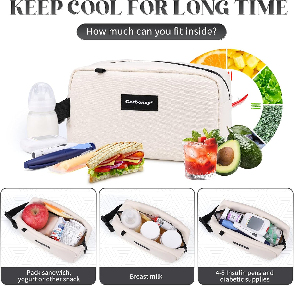 Cerbonny Mini Cooler Bag, Freezable Lunch Bag & Snack Bag, Insulated Bag for Travel/Work/School, Small Cooler Lunch Box with Detachable Gel Packs, Beige, 180 Cubic Inches