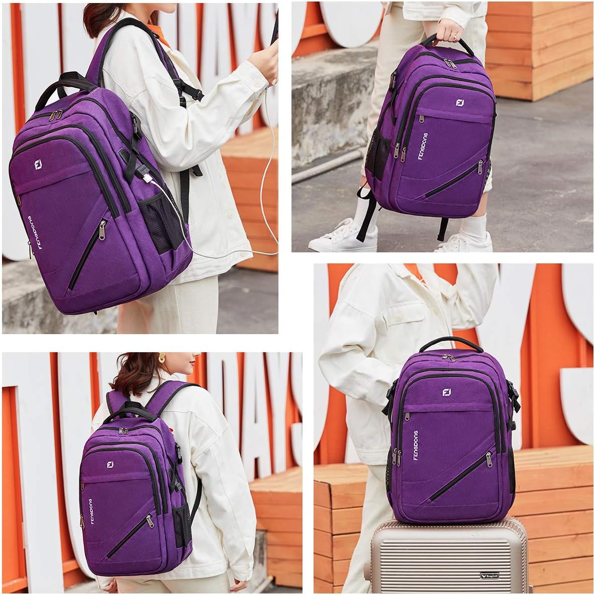 FENGDONG Durable Waterproof Travel Large Laptop Backpack 17.3 inch,College Backpack Bookbag for Men & Women Business Backpack with USB Charging Port and Headset Port Purple