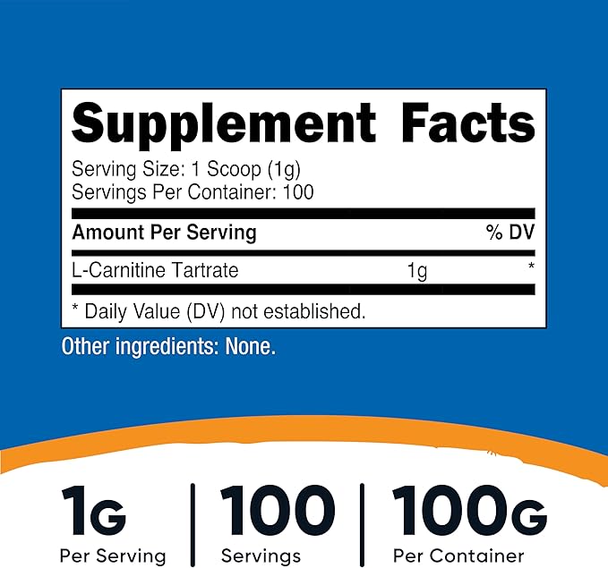 Nutricost L-Carnitine Tartrate Powder (100 Grams) - 1 Gram per Serving; 100 Servings