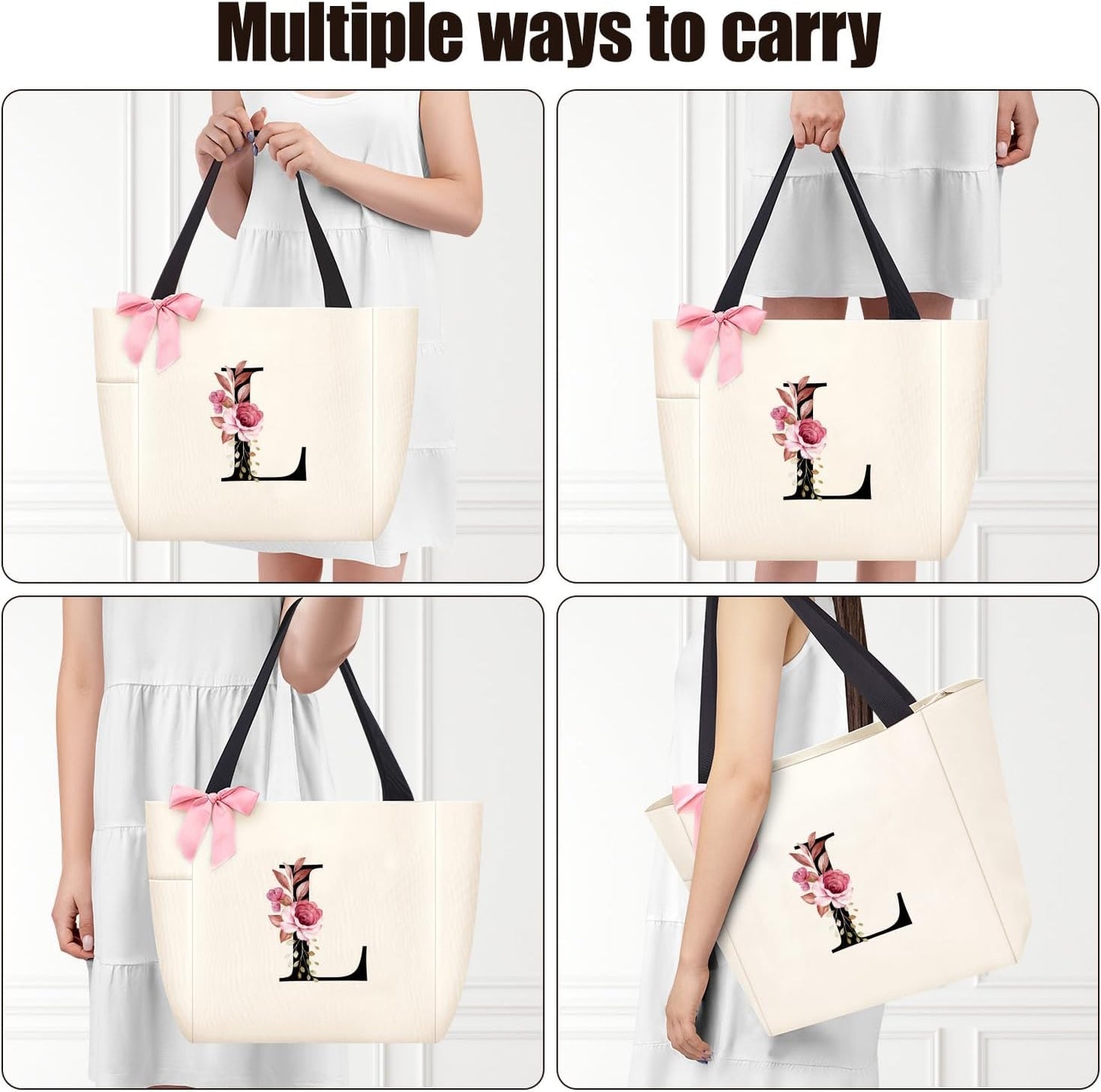 Vavabox Tote Bag, A-Z Initial Monogrammed Waterproof Tote Bag, Bridesmaid Gifts for Women, Black and Pink