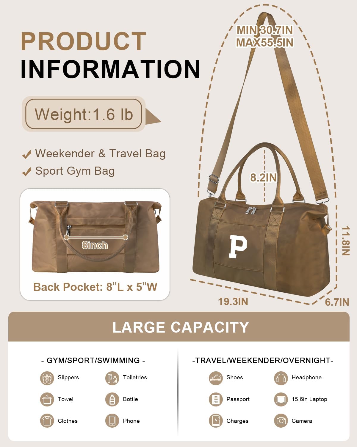 Birthday Graduation Gifts for Daughter,Initial Travel Duffel Bag Sports Gym Bag for Girls Teen Kids Birthday Gifts,Personalized Weekender Bag Carry On Tote Bags Cute Overnight Bag for Women(Brown, P)
