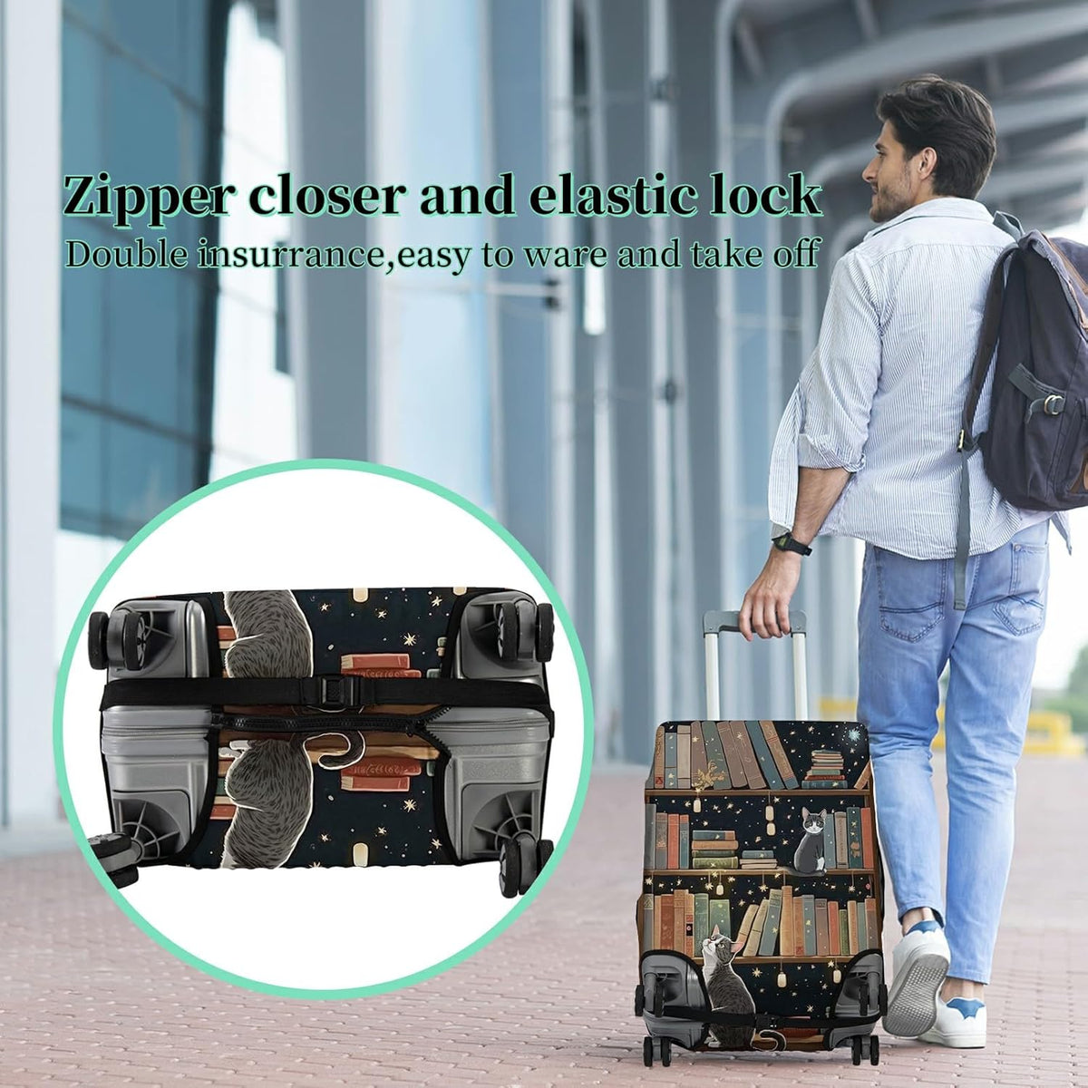 Luggage Cover Suitcase Protector Plus 1 Luggage Tag, Cat Library Travel Suitcase Cover for 26-28 inch Luggage (L) with Concealed Zipper Washable Elastic Cloth Dustproof Anti-Scratch