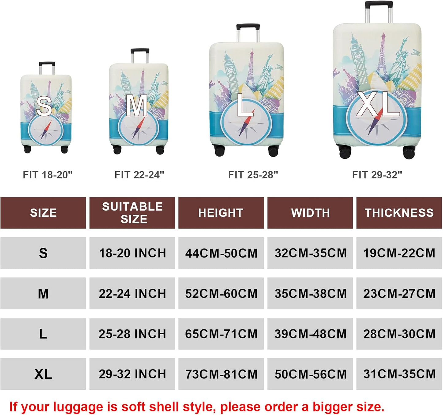 WUJIAONIAO Travel Luggage Cover Baggage Suitcase Cover Protector Skins 18-32 Inch (compass, XL (for 29-32 inch luggage))