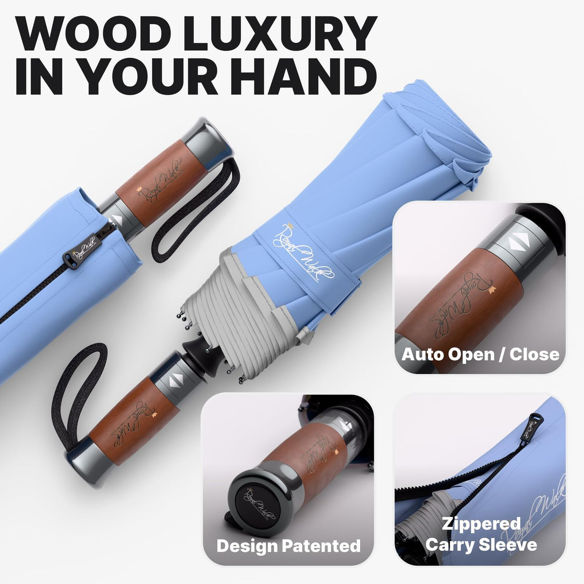 Royal Walk Windproof Folding Travel Umbrella Compact and Strong Luxurious Real Wood Handle Automatic Open Close Vented Double Canopy for Men and Women