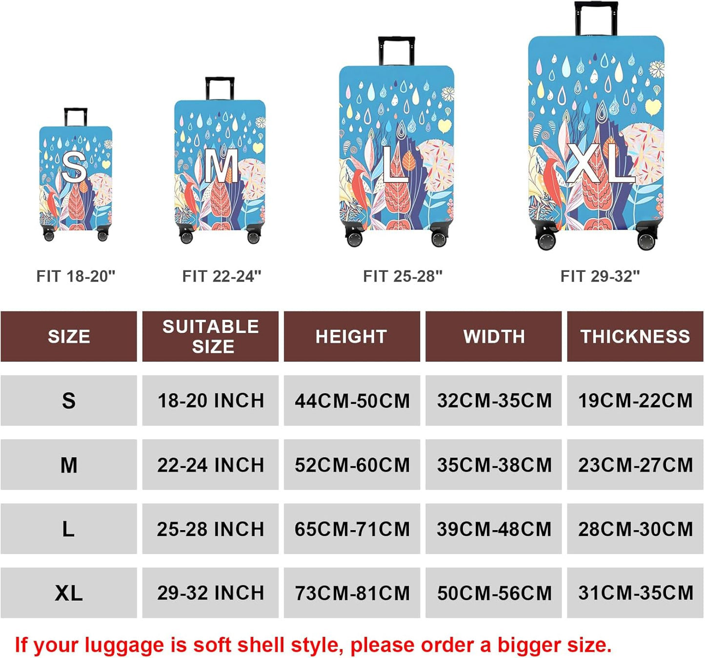WUJIAONIAO Travel Luggage Cover Baggage Suitcase Cover Protector Skins 18-32 Inch (rainy season, S (for 18-20 inch luggage))