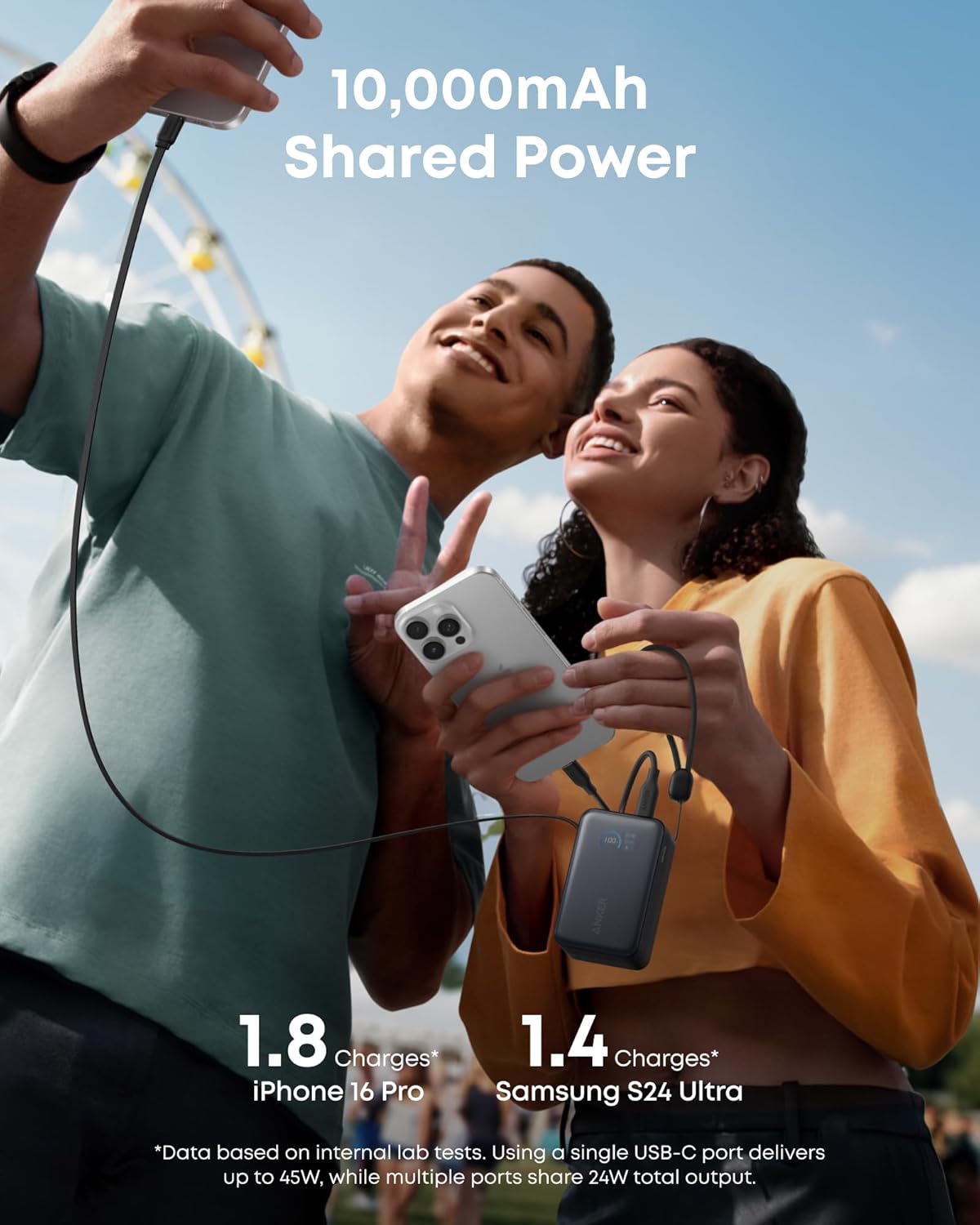 Anker Nano Power Bank, 10,000mAh Portable Charger with 2.3 ft InstaCord Retractable Cable, 45W Max Compact Battery Pack, Smart Display, for iPhone 16/17 Series, iPad, Galaxy, Pixel, and More