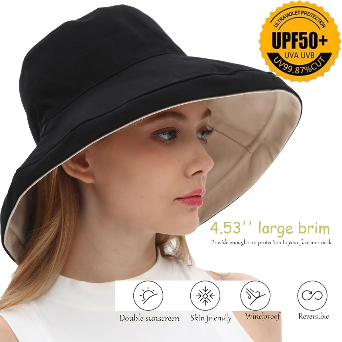 vidsel Womens Sun Hats Wide Brim Reversible Bucket Cotton Hat Packable Summer Travel Cap with Hat Clip,UV Protection
