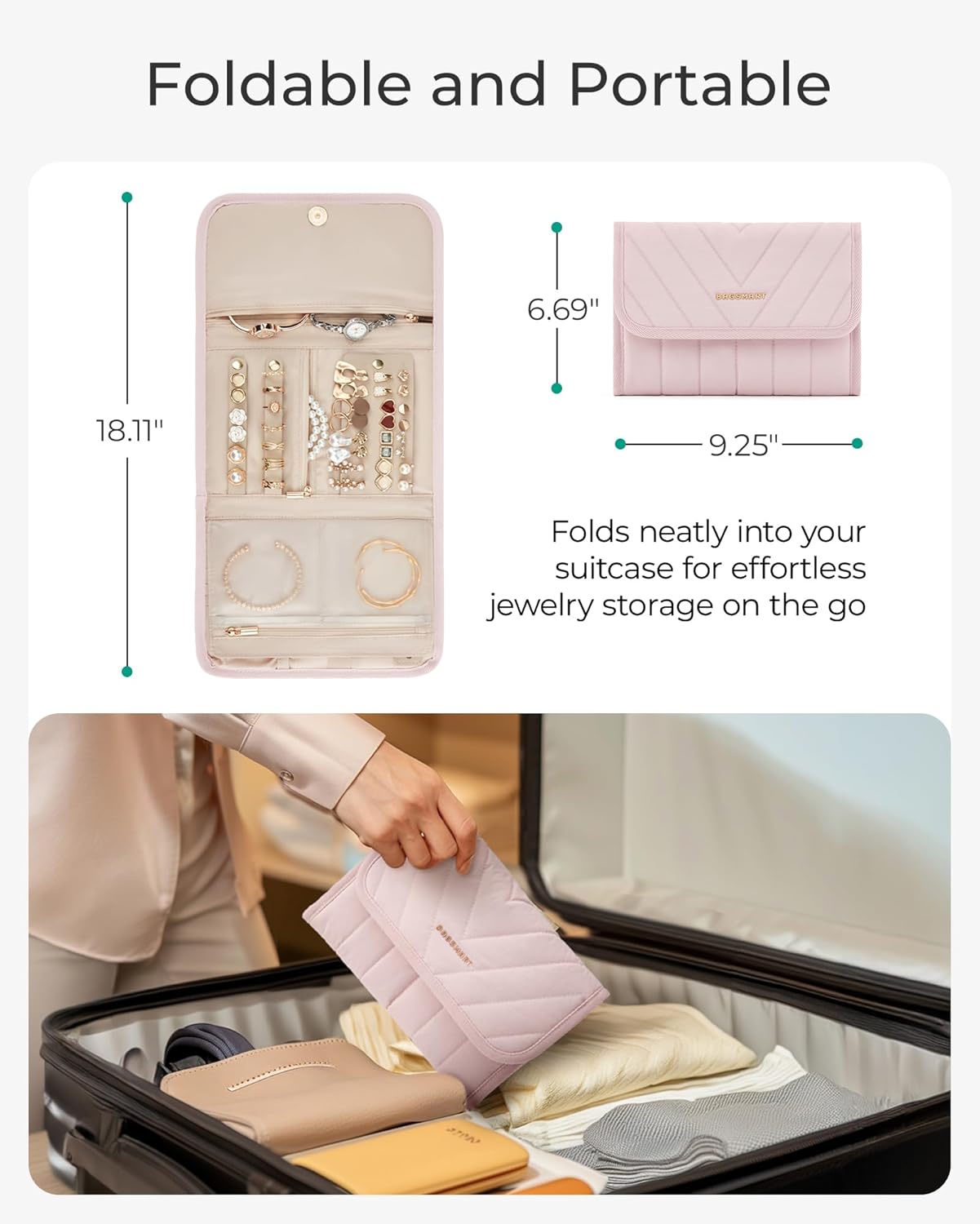 BAGSMART Travel Jewelry Organizer Case, Foldable Jewelry Roll for Necklaces, Earrings, Journey-Rings, Bracelets, Brooches, Portable, Khaki