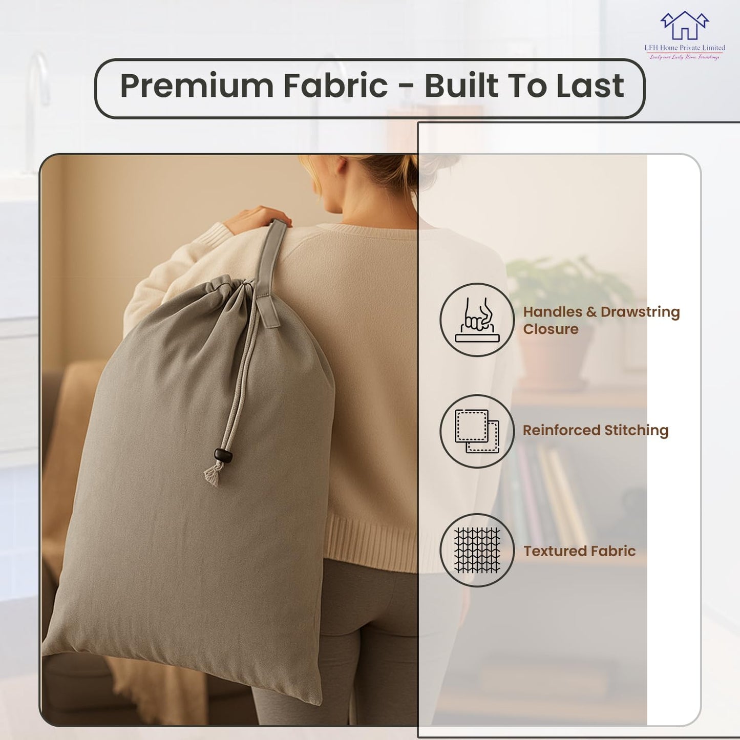 LFH Home Cotton Canvas Large Laundry Bag with Handle, Heavy Duty Drawstring Closure Washable Laundry Bags, School Travel, Home, Hotel, College Dorm, Organizer Sack, Toys Clothes 28x36 (Pack of 2)-Grey