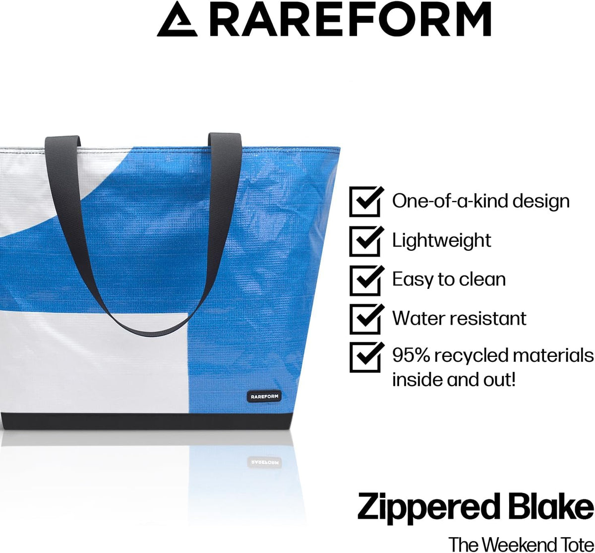 Rareform Large Zippered Blake Tote Bag | One-of-a-Kind, Water-Resistant, Recycled Billboard Vinyl | Color and Pattern Vary