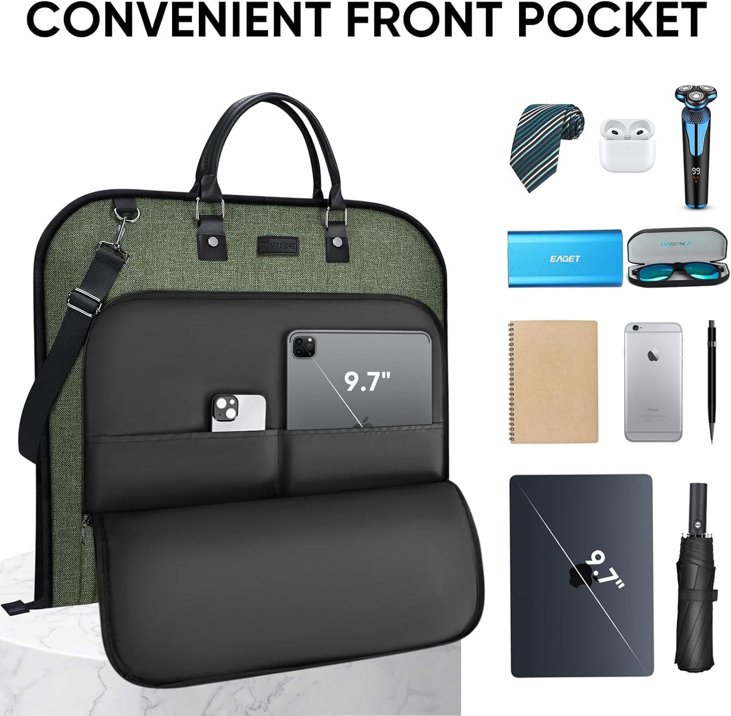 BALEINE Travel Garment Bag, Travel Suit Bag for Men, 42'' Waterproof Carry on Garment Bag for Hanging Clothes, Garment Duffel Bag for Travel Business (Green)