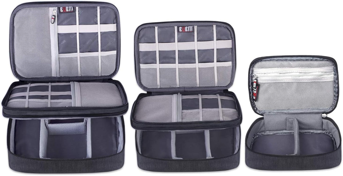 BUBM 3pcs Double Layer Electronic Organizer, Travel Gadgets Bag for Cables, External Flash Drive, Mouse, Memory Card, Power Bank and More, Compact and Multi-purpose, Black