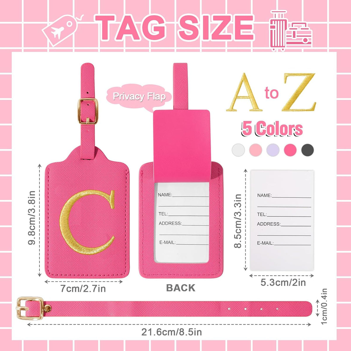 Personalized Initial Rose Red Leather Cute Luggage Tags with Privacy Cover Name Card, Embroidered Custom Monogram Travel Backpack Tag Gifts for Women Kids