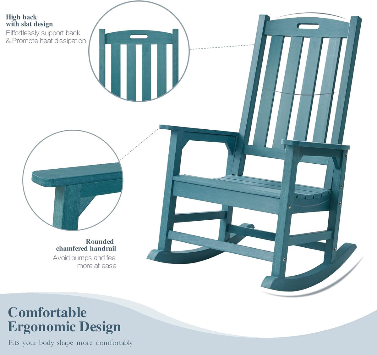 Psilvam Oversized Outdoor Rocking Chair, with 21" Wide Seat and 32" Tall Backrest, Pre-Assembled with Most Components for Effortless Installation (Blue)