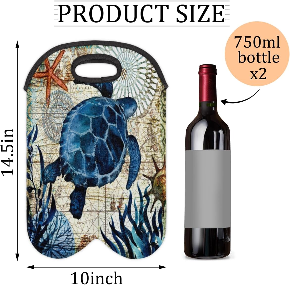Vintage Sea Turtle 2 Bottle Wine Carrier Tote Bag Insulated Neoprene Portable Wine Cooler for Travel Picnic Beach